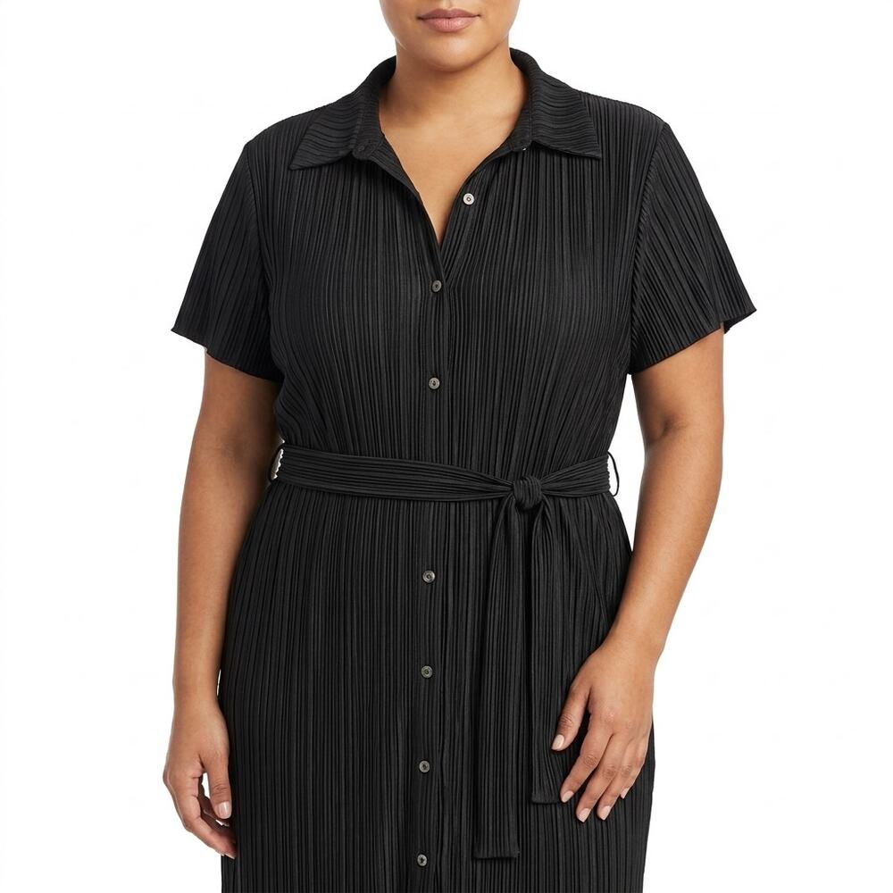 Black Pleated Midi Shirt Dress with Self-Tie Waist - Women